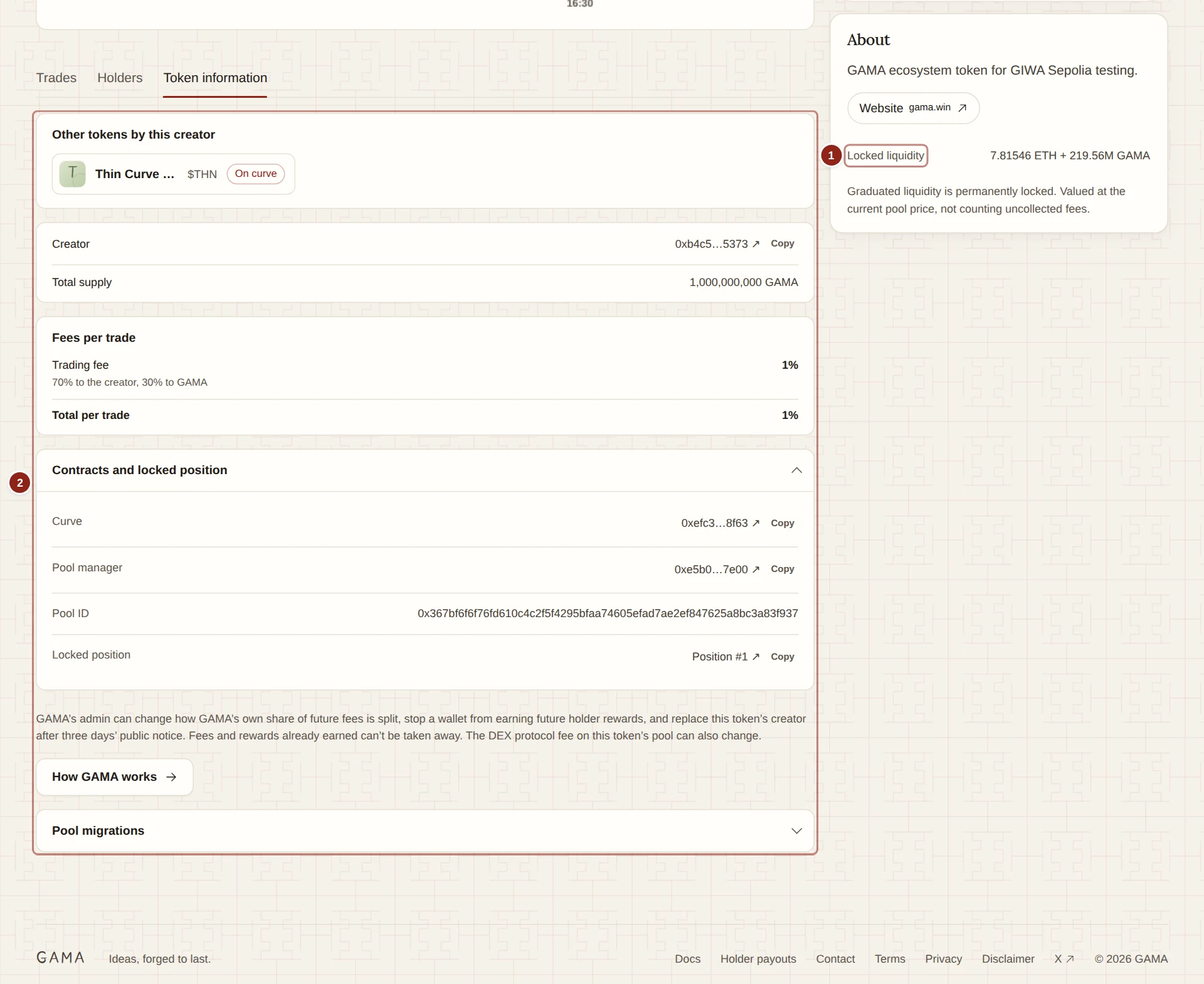 A graduated token's page with its locked liquidity