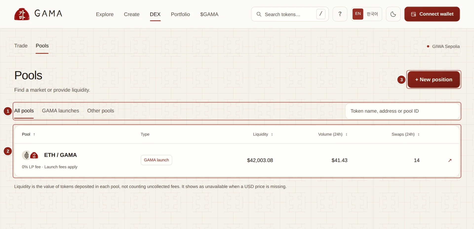 The Pools view of GAMA DEX, with the pool type tabs and the list of pools