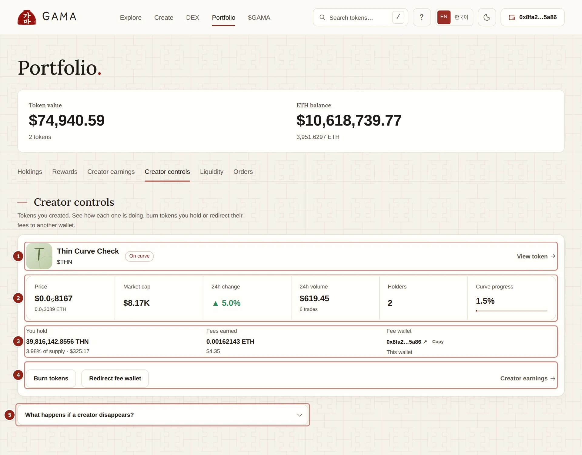 A token's card in the Creator controls view