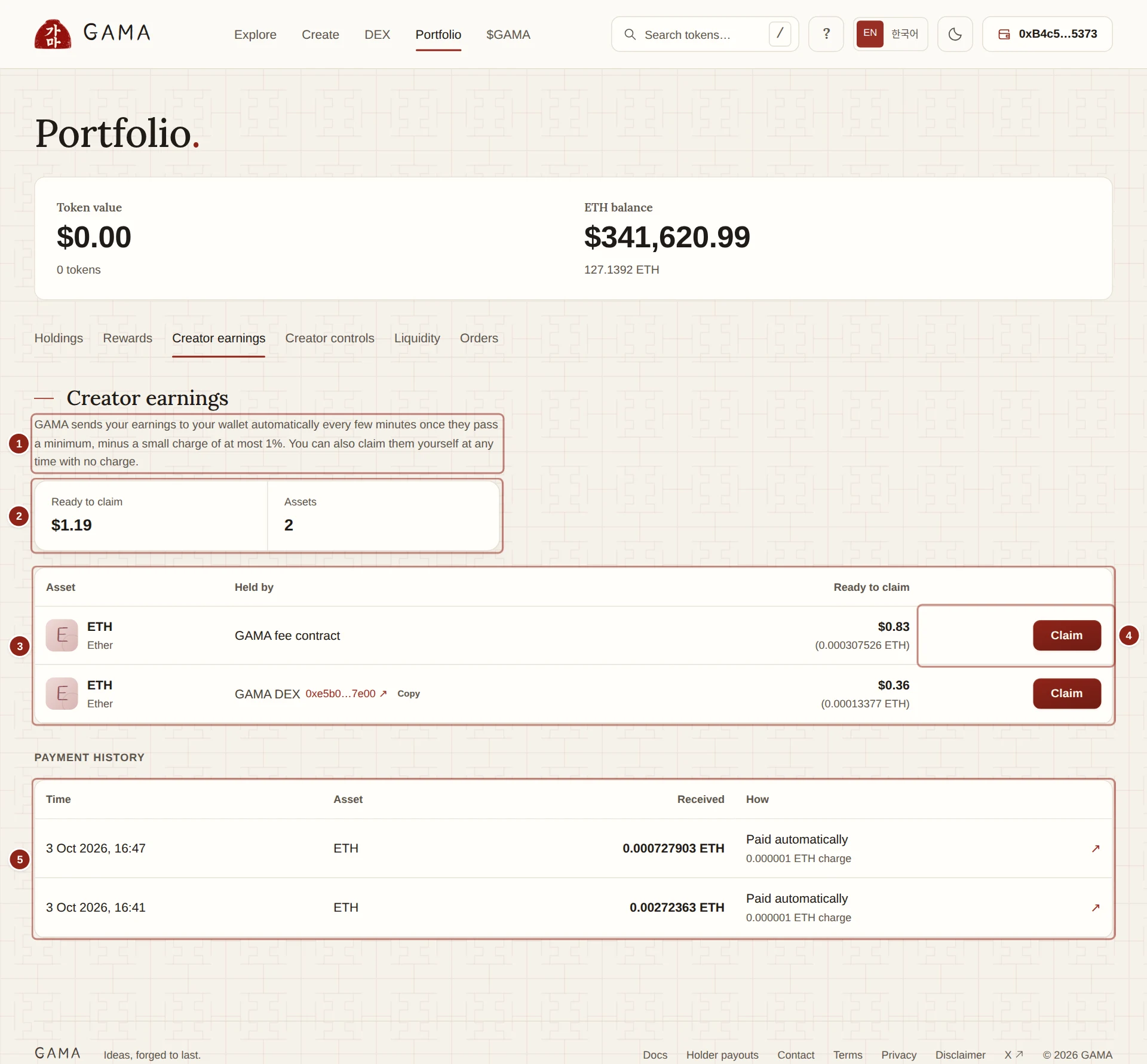 The Creator earnings view in Portfolio