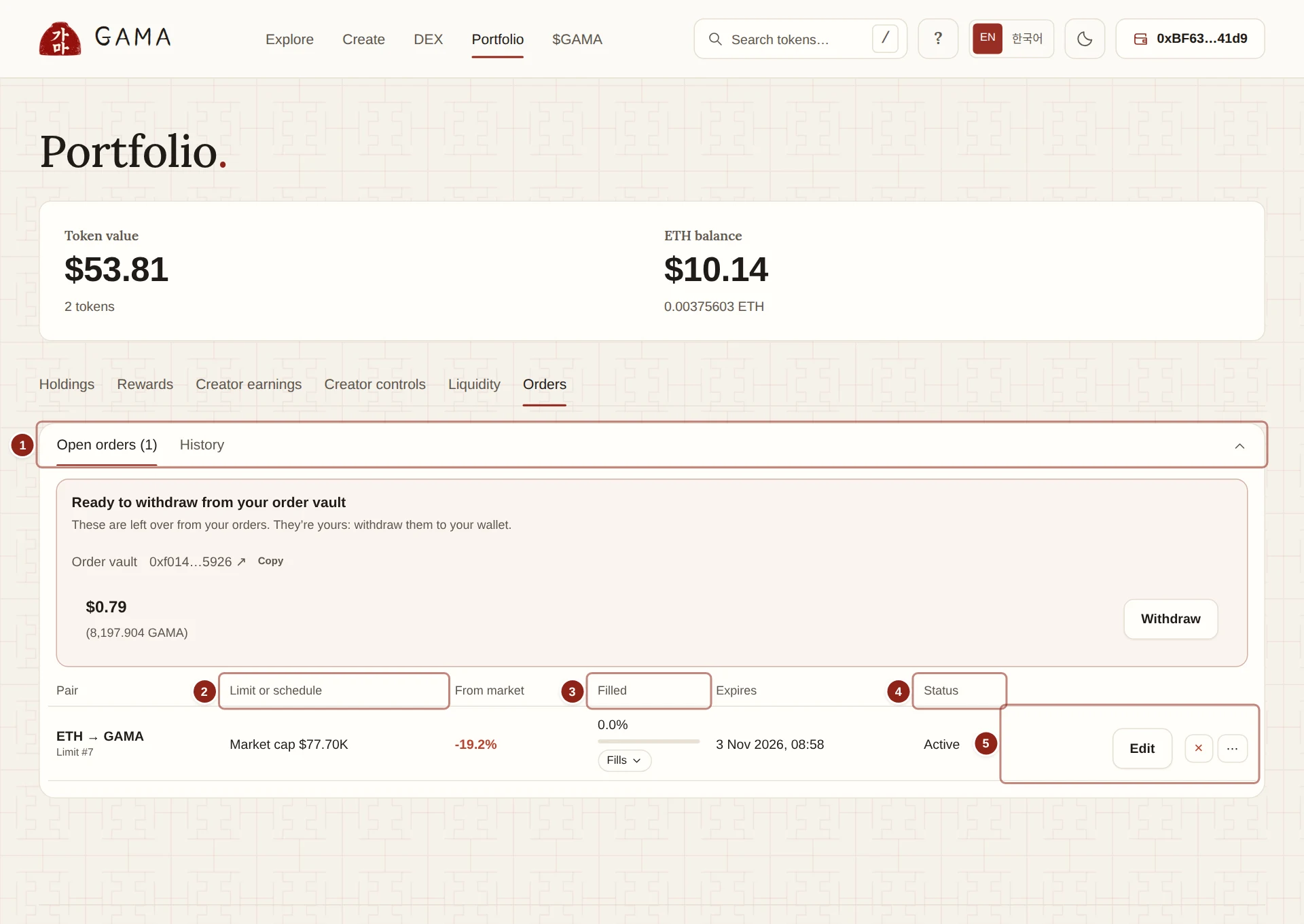 The Orders view in Portfolio with open orders